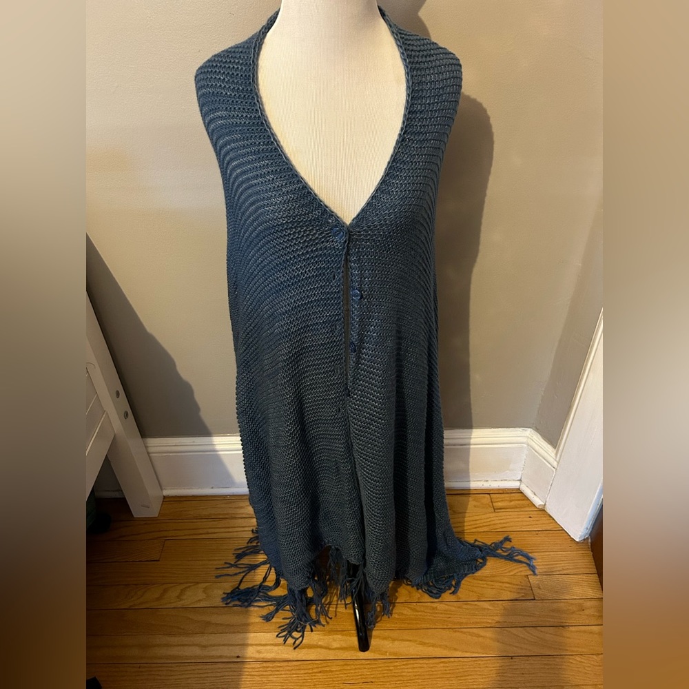 LulaRoe Mimi sweater button down poncho. One size. Blue with fringe bott…